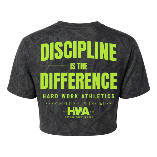 DISCIPLINE IS THE DIFFERENCE DARKWOOD CAMO CROP TEE